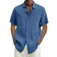 Fsqjgq Férfi ingek alkalmi rövid ujjú gombos ingek egyszínű laza vászon Hawaii ing Kék Xxl