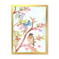Okos madár ül egy tavaszi fa ágán, pillangók keretes festmény vászon art nyomtatás
