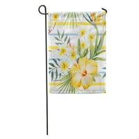 Akvarell trópusi minta sárga hibiszkusz virág fehér Plumeria és kék csíkok Strelitzia kerti zászló dekoratív zászló