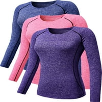 Női Sportos kompressziós Hosszú ujjú jóga póló száraz Fit Pack, Rózsaszín + Kék + Lila, amerikai Méret L