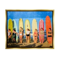 Stupell Industries Modern Pop Style Women Surfing Ocean Sport Graphic Art Metallic Gold Lebegő keretes vászon nyomtatott