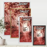 Designart 'Red Autumn Woods és egy ház vadonban' kabin és lodge keretes vászon fali művészet