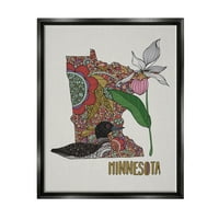 Stupell Industries Minnesota State Loon Bird Bonyolult virágzó virágok grafikus jet fekete úszó keretes vászon nyomtatott