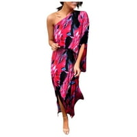 Női nyári ruhák nőknek Dátum alkalmi rövid ujjú boka hossza egy váll Virágos A-Line ruha piros 2XL