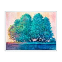 Designart 'Kék színű fa benyomása a Lakeside -ból' Lake House Framed Canvas Wall Art Print