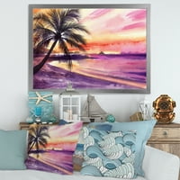 Designart 'lila és rózsaszín Palm Beach naplemente' tengeri és parti keretes művészet
