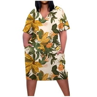 Bicoasu Clearance Női V-nyakú Rövid ujjú A-Line virágos Boho laza nyári Rövid ruhák Sárga XL