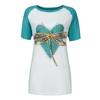 Yuelianxi Women Fashion Dragonflys Print O-neck Short Sleeves Holiday Loose Tops Blouse