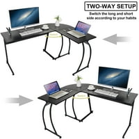 Modern L-Alakú Laptop Sarokasztal Számítógép Asztal Asztal Íróasztal, Fekete, Rozsdamentesítő
