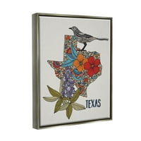 Stupell Industries Texas Bluebonnet State Bird Bonyolult virágmintás grafikus Art Luster szürke úszó keretes vászon