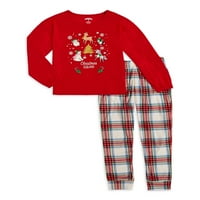 Lányok karácsonyi és ünnepi hosszú ujjú teteje és kocogó pizsama szett, méretek 4- & Plus