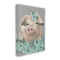 Stupell Industries Fuzzy Pig körülvett türkiz virágrendezés minta festmény galéria csomagolt vászon nyomtatott fali