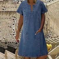 Puntaco ruha Clearance női nyári Laza Rövid ujjú V-nyakú középső borjú farmer ruha kék 14
