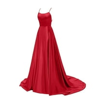 homchy Női ruhák Backless szatén heveder fél oldalán hasított esküvői zsebek Maxi ruha Piros XL