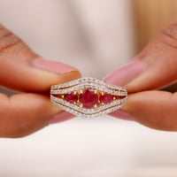 Létrehozott Ruby és cirkon koktél gyűrű a nők, kerek és körte vágott létrehozott Ruby három kő gyűrű, 14k sárga arany,
