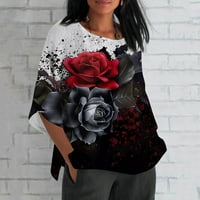 Sksloeg Női felsők, Hüvely O nyak alkalmi laza Vintage virág nyomtatott vászon alap sima pólók női tunika felsők Pulóver