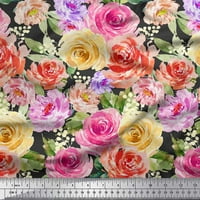 Soimoi Fekete modális szatén szövet levelek, rózsaszín & őszibarack rózsa akvarell dekor szövet Nyomtatott BTY széles