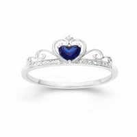 Létrehozott kék zafír szív- és fehér cz sterling ezüst korona gyűrű