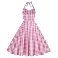 Soighxzc Női kötőfék nyak nyári ruha kockás rózsaszín ruha magas derék Maxi ruha alkalmi Ujjatlan hinta hosszú ruha