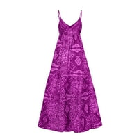 Nyári ruhák Női hosszú Alkalmi Nyomtatott Ujjatlan A-Line kötőfék ruha sötét lila 2XL