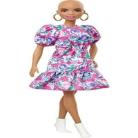 Barbie Fashionistas Doll haj nélküli megjelenésű, rózsaszín virágos ruhát visel