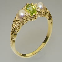 Brit készült 10K sárga arany természetes Peridot & tenyésztett gyöngy női trilógia gyűrű - méret opciók-elérhető méretek