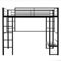 Aukfa metal tetőtéri ágy gyerekeknek, teljes tetőtéri ágy hosszú íróasztal és polcok, Black Metal Loft ágy létrával