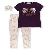 Sunset Sky Girls divat grafikus póló és nyomtatott lábging, kétrészes ruhakészlet megfelelő Scrunchie-vel, Méret 4-12