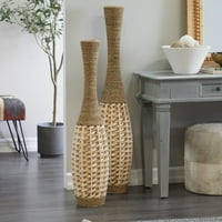 Decmode fa bambusz bohém ívelt kerek karcsú dekoratív váza 7 w 40 h, világosbarna szőtt bambuszcsíkokkal és tekercselt