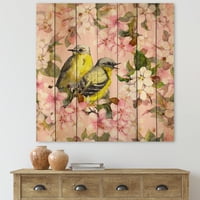 Designart 'madarak rózsaszín cseresznye Sakura És Alma virágok I' hagyományos nyomtatás természetes fenyőfa