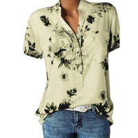 Womens Summer Tops Women's Casual Printed V-neck Short-sleeved Shirt Pullover Loose Blouse Tops Ladies Top Beige M