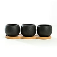 Mini kerek Cement növény edények bambusz csészealj, készlet edények, fekete szín